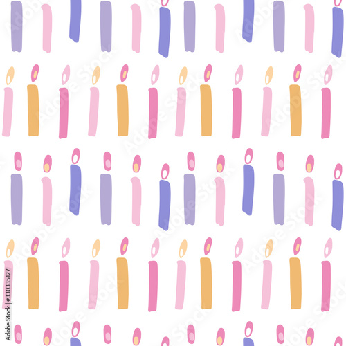 Birthday cake candles seamless pattern. Presents and gifts festive wrapping paper. Multicolor burning candles with stripes ornament. Celebration, greeting postcard backdrop. Flat hand drawn vector