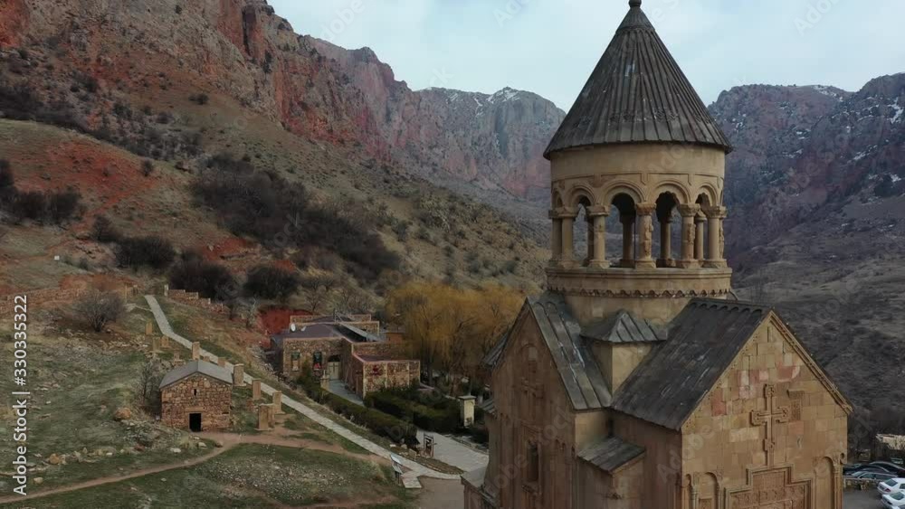 Scenic view of a medieval monastery in the mountainous regions of Armenia. Aerial view. Drone Scenic view of a medieval monastery in the mountainous regions of Armenia. Aerial view. Drone
