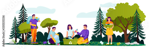 People cleaning garbage in green pine forest or city park. Vector illustration. Environment, ecology lifestyle concept