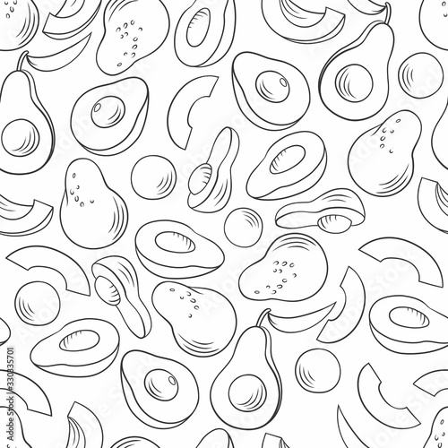 Avocado vintage grey outline on white background seamless pattern