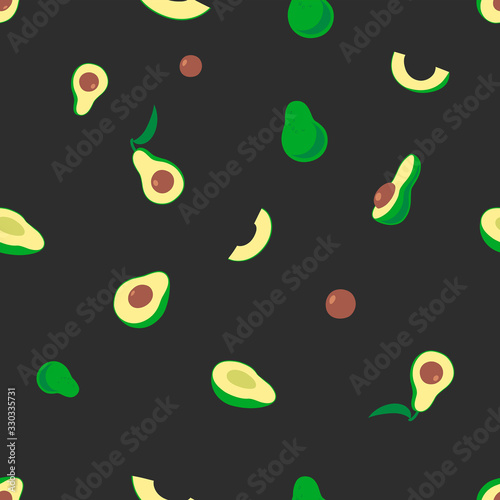 Colorful avocados in flat color on dark background seamless pattern