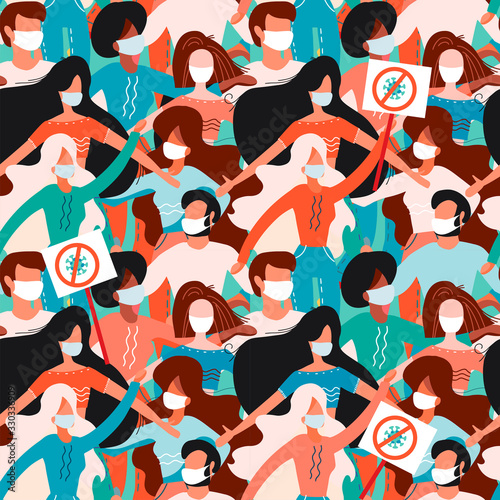 Seamless pattern with male and female people in medical face masks with protest signs. Novel coronavirus 2019-nCoV Concept of COVID-19 quarantine vector illustration. Crossed out virus sign