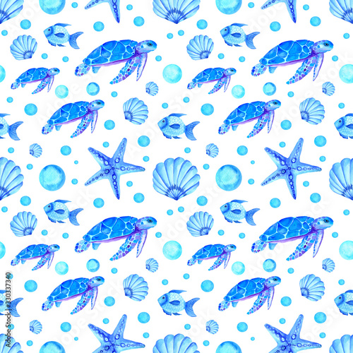 Watercolor seamless pattern with blue shell, turtle and starfish isolated on white background. Hand painted nautical illustration.