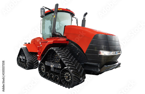 Fototapeta Naklejka Na Ścianę i Meble -  Red rubber tracked agricultural tractor isolated on white
