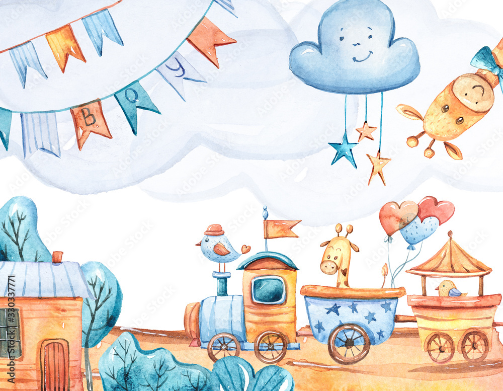 Fototapeta Watercolor hand painted illustration with cute cartoon giraffes, clouds, house, locomotive, balloons. Fantasy illustration on white isolated background. It's a boy clipart