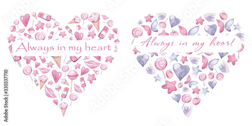 Watercolor hand painted pink elements in shape of heart. Can be used for design greeting cards  wedding invitations  poster  print  pattern. Stars  ice cream  hearts clipart