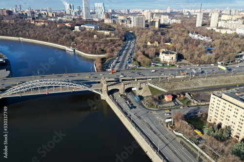 panoramic views of roads and bridges of a large metropolis taken from a drone