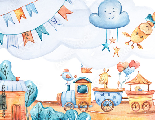 Watercolor hand painted illustration with cute cartoon giraffes  clouds  house  locomotive  balloons. Fantasy illustration on white isolated background. It s a boy clipart