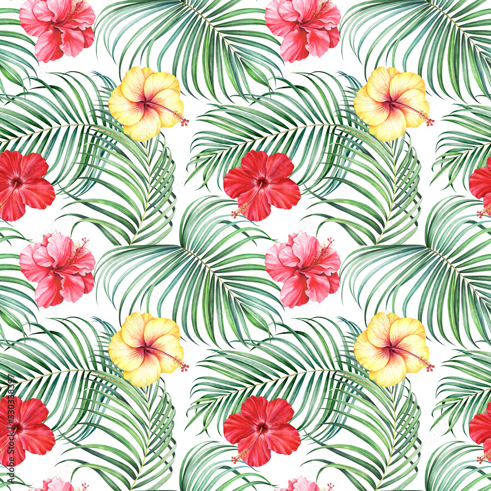 Seamless pattern with tropical branches and hibiscus flowers on white background. Watercolor illustration. Seamless pattern with tropical branches and hibiscus flowers on white background. Watercolor illustration.