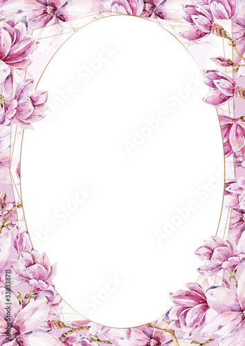 Wedding Invitation, floral invite modern card template with light pink magnolia flowers. Elegant, watercolor hand painted flowers