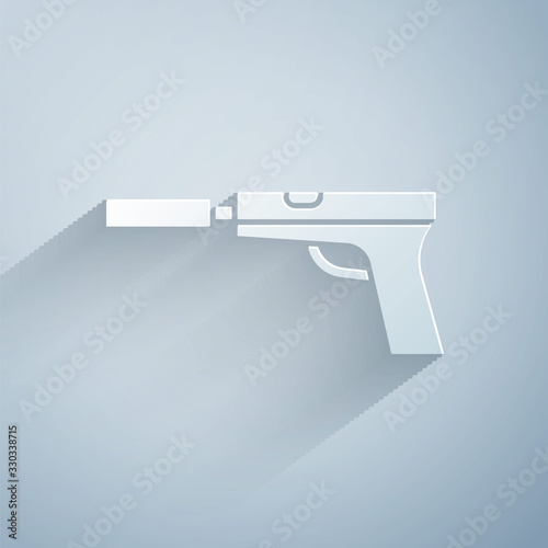 Paper cut Pistol or gun with silencer icon isolated on grey background. Paper art style. Vector Illustration
