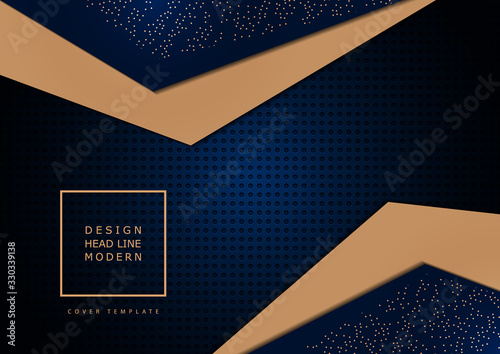 Abstract composition of bright triangles on a dark background from a texture with round perforations. Layering, the effect of light in the center. Template for cover, banner, brochure, business card.