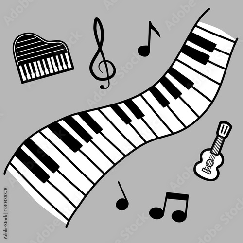 Doodle piano keyboard surrounded by some notes, little piano and ukulele. Vector illustration about music, hobby, education. Square size.