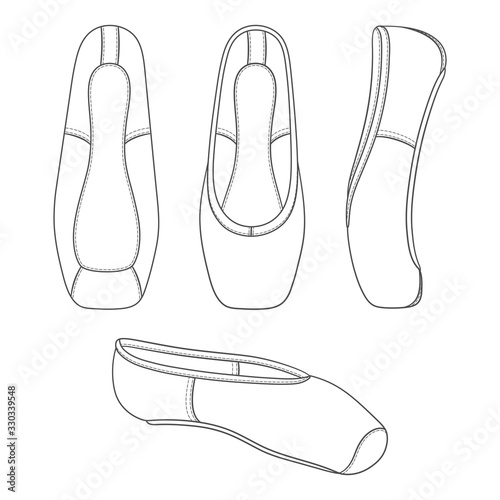 Set of black and white illustrations with pointe shoes, ballet shoes. Isolated vector objects on a white background.