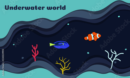 Vector illustration on the theme of the underwater world. On a dark blue background, clown fish and blue surgeon fish, dori. In the style of paper art. Banner, social networks, web site.