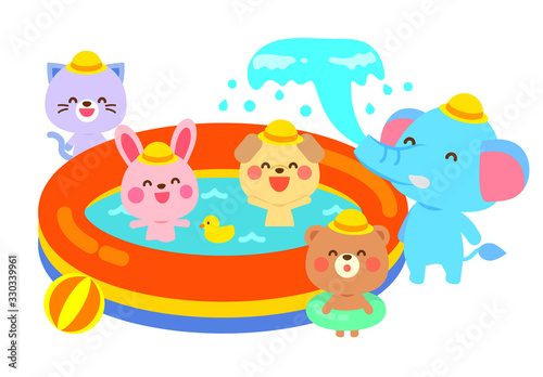 夏のプール遊びイラスト　どうぶつ