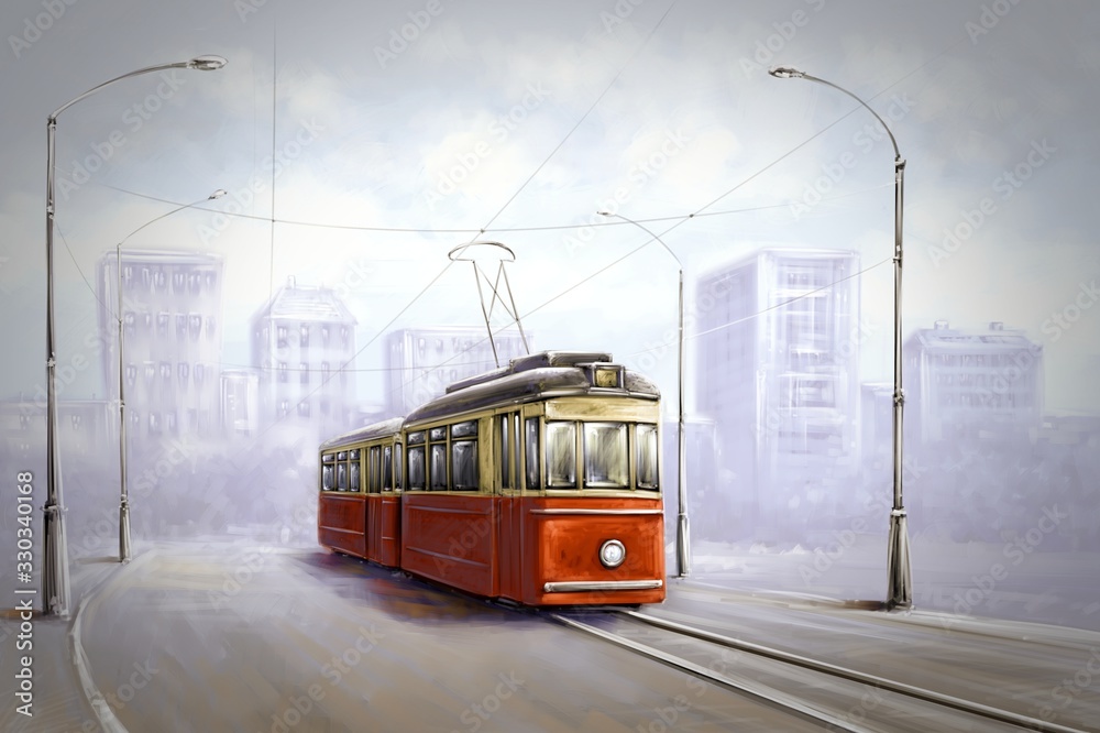 Digital paintings landscape, old tram in old city. Fine art - obrazy, fototapety, plakaty 