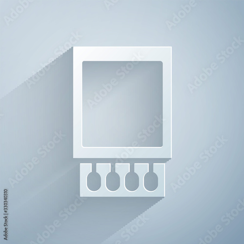 Paper cut Open matchbox and matches icon isolated on grey background. Paper art style. Vector Illustration