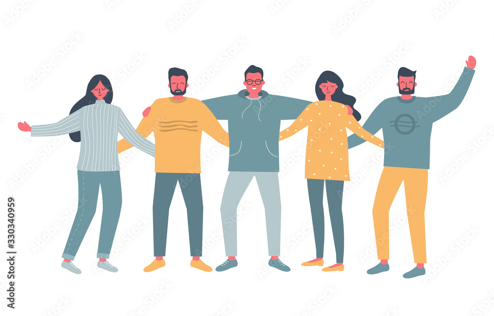 Obraz premium Happy friends are standing and hugging. Young men and young women in casual wear are standing together. International Friendship Day concept. Vector illustration in flat funky design