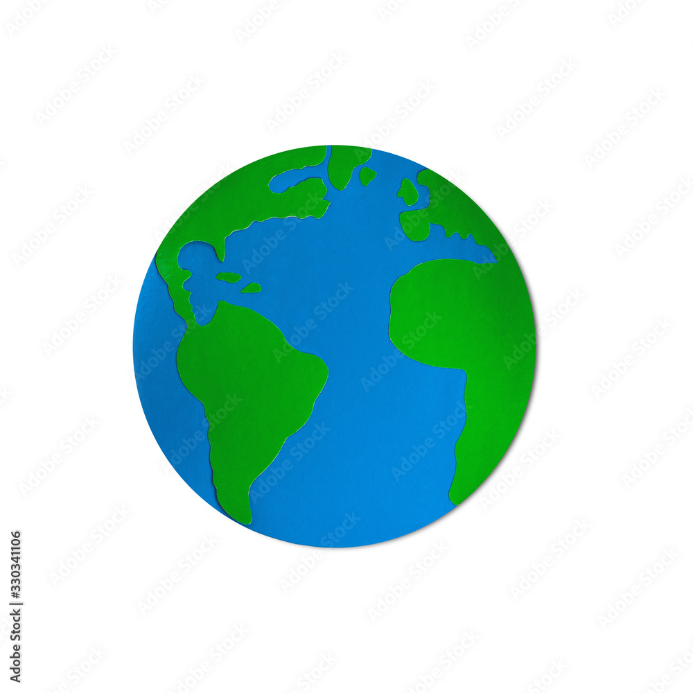 Paper craft Earth globe handmade on gray concrete background. Blue oceans, green continents on the planet. Earth day concept. Mocup, copy space, clipart. Ecology global problem,saving the environment.