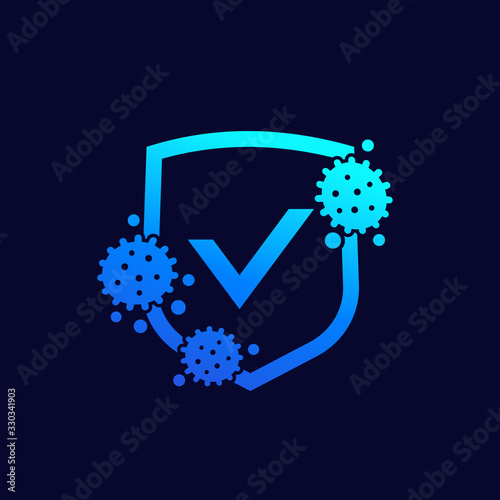 antibacterial protection icon, shield and virus vector