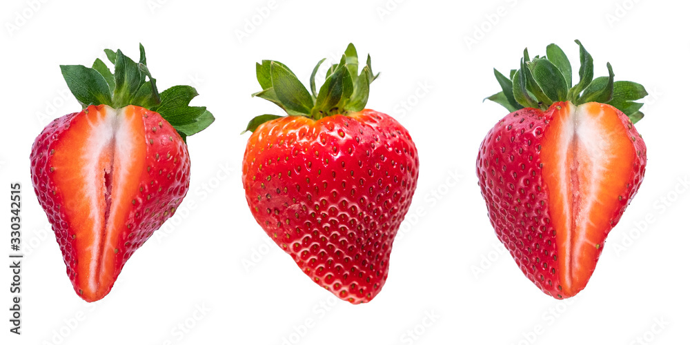 Set, ripe red berry, strawberries on a white background. Isolated item. Three subjects Set, ripe red berry, strawberries on a white background. Isolated item. Three subjects