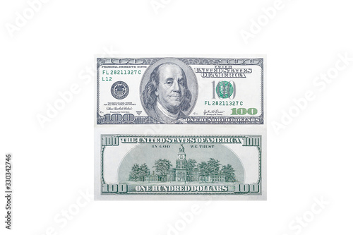 Front and back side of a 100 US dollar bill with a portrait of American President Benjamin Franklin on an isolated white background