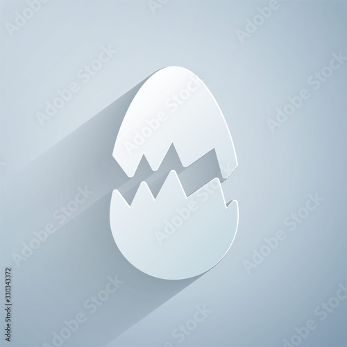 Paper cut Broken egg icon isolated on grey background. Happy Easter. Paper art style. Vector Illustration
