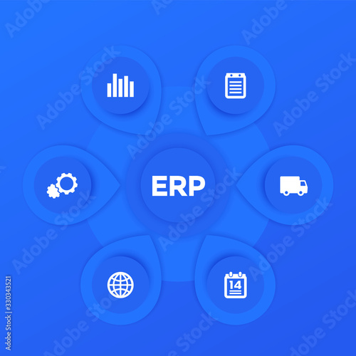 ERP software infographics vector template design in blue