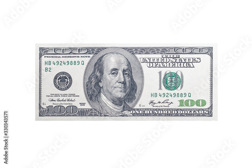one hundred US dollar bill with a portrait of American President Franklin on an isolated white background