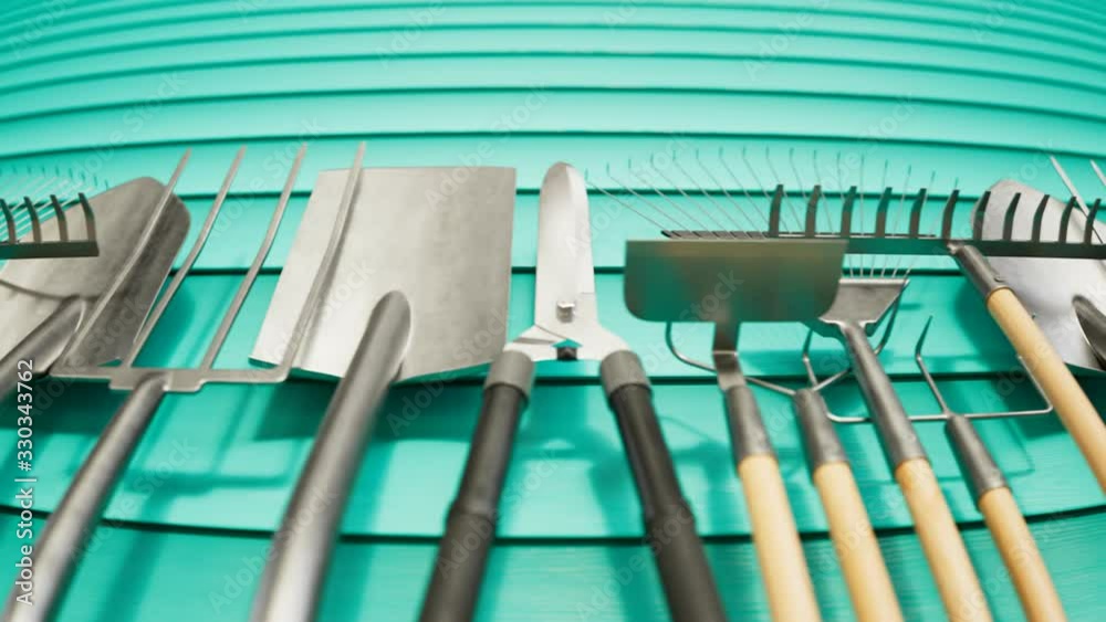 Countless garden tools standing in front of a cyan wall. Looping animation. 4KHD