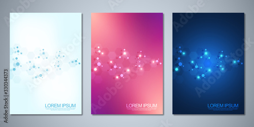 Templates brochure or cover book  page layout  flyer design with abstract background of molecular structures and DNA strand. Concept and idea for innovation technology  medical research  science.