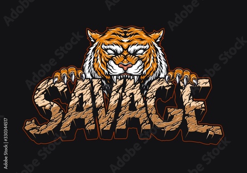 Angry tiger holding Savage lettering photo