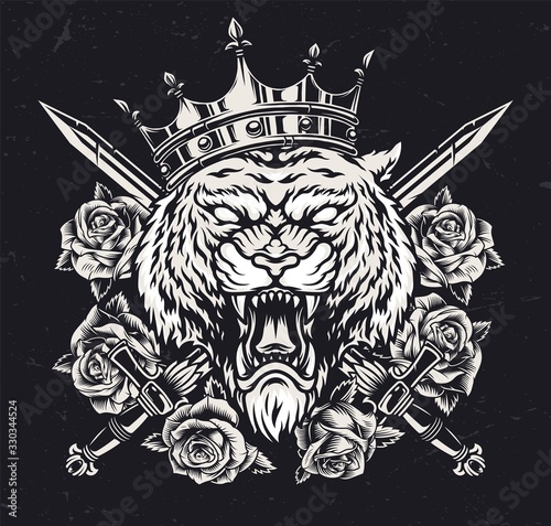 Ferocious tiger head in royal crown