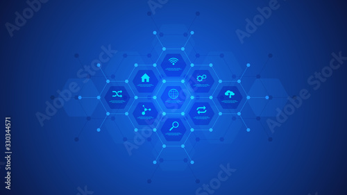 Technological infographic background with flat icons and symbols. Concept and idea for the internet of things, communication, network, innovation technology, system integration.