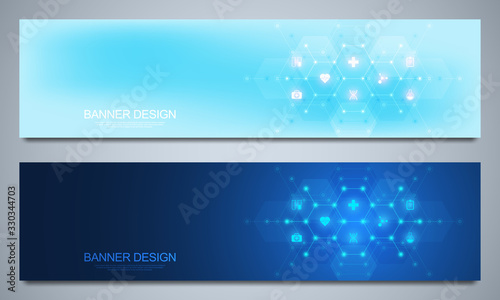 Banners design template for healthcare and medical decoration with flat icons and symbols. Science, medicine and innovation technology concept.