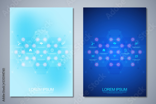 Template brochure or cover book, page layout, flyer design with technological background and flat icons and symbols. Concept and idea for innovation technology and communication.