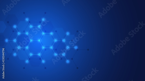 Abstract background of molecules. Molecular structures or chemical engineering, genetic research, innovation technology. Scientific, technical or medical concept.