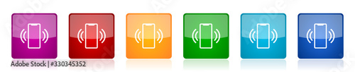 Mobile phone, smartphone icon set, colorful square glossy vector illustrations in 6 options for web design and mobile applications