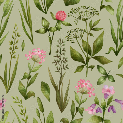 Watercolor seamless pattern with wild meadow flowers and herbs. Botanical background with pink flowers and grass for covers  textile  poster  kitchen stuff.