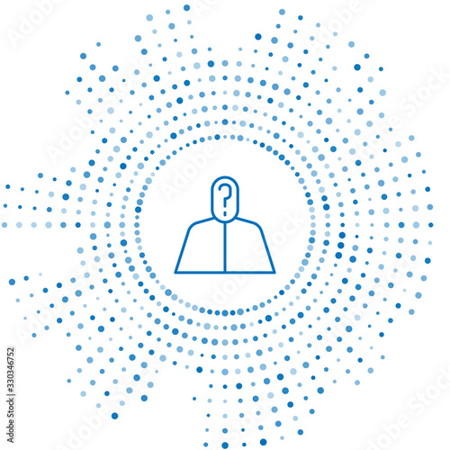 Blue line Anonymous man with question mark icon isolated on white background. Unknown user, incognito profile, business secrecy, obscurity. Abstract circle random dots. Vector Illustration