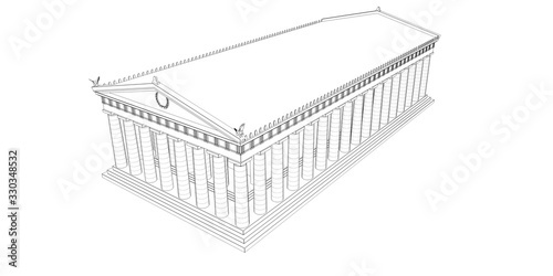 Photography Parthenon, ancient greek temple, visualization, 3D illustration, sketch, outline