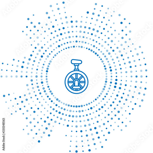 Blue line Unicycle or one wheel bicycle icon isolated on white background. Monowheel bicycle. Abstract circle random dots. Vector Illustration