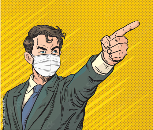 Business people wear masks to prevent infection, pointing. Pop art retro vector illustration