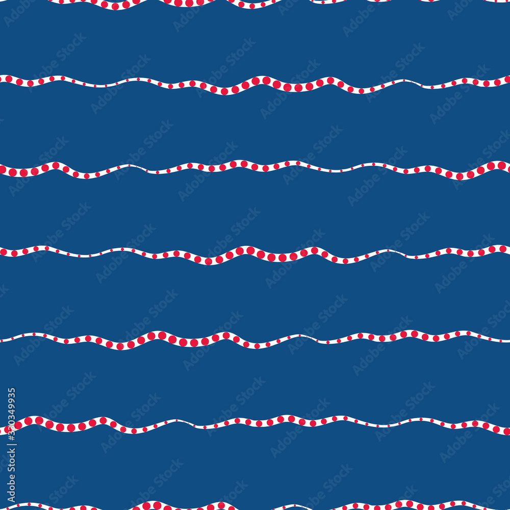 Wavy lines seamless vector pattern background. Brush stroke style horizontal sea wave backdrop. Abstract marine geometric stripe with polka dots all over print. For nautical, water, ocean concept. Wavy lines seamless vector pattern background. Brush stroke style horizontal sea wave backdrop. Abstract marine geometric stripe with polka dots all over print. For nautical, water, ocean concept.