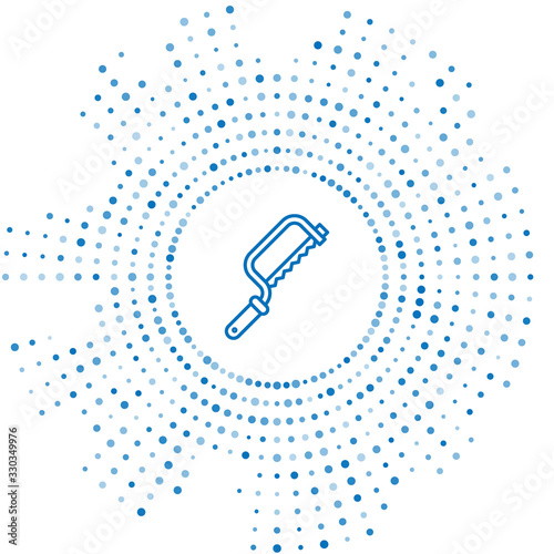 Blue line Hacksaw icon isolated on white background. Metal saw for wood and metal. Abstract circle random dots. Vector Illustration