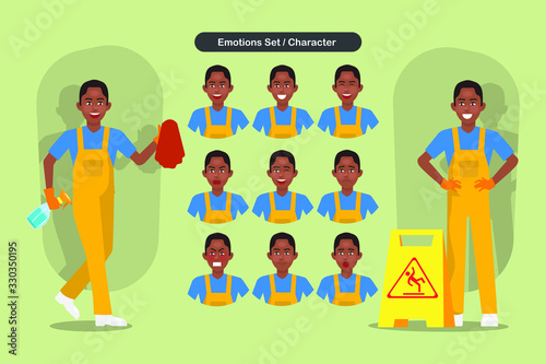 Set of cleaning man staff character vector design. Presentation in various action with emotions, running, standing and walking.
