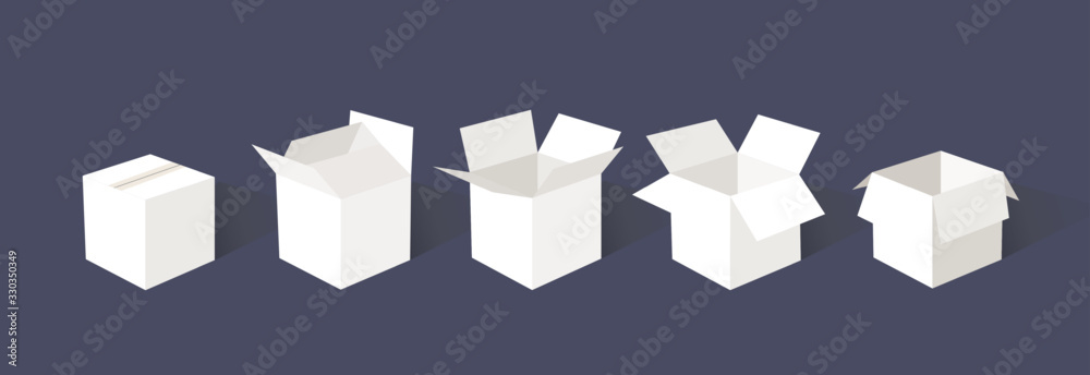 A set of open and closed boxes in different angles. Isometry in perspective. Vector illustration. Carton delivery packaging open and closed box. Cardboard box mockup set. - obrazy, fototapety, plakaty 