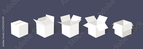 A set of open and closed boxes in different angles. Isometry in perspective. Vector illustration. Carton delivery packaging open and closed box. Cardboard box mockup set. photo