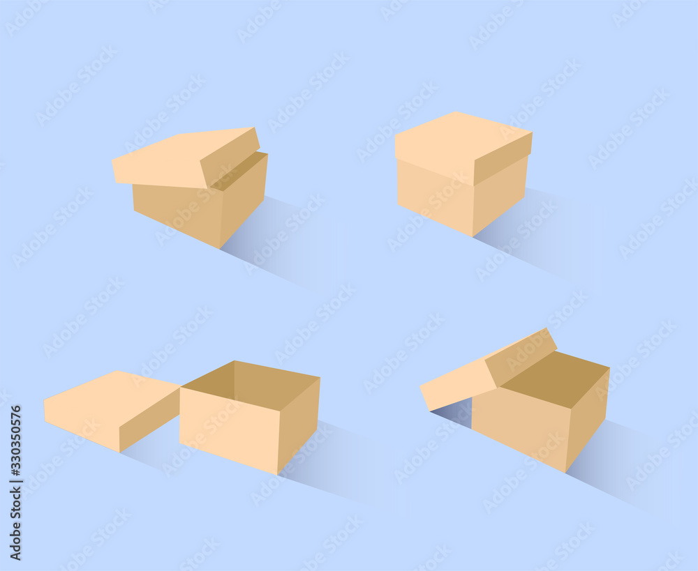 A set of open and closed boxes in different angles. Isometry in perspective. Vector illustration. Carton delivery packaging open and closed box. Cardboard box mockup set. A set of open and closed boxes in different angles. Isometry in perspective. Vector illustration. Carton delivery packaging open and closed box. Cardboard box mockup set.